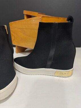 DKNY Cali-Woven Black Knit Wedge Sneaker Boot with Gold Heel Plate